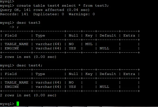 mysql create table from another table without data