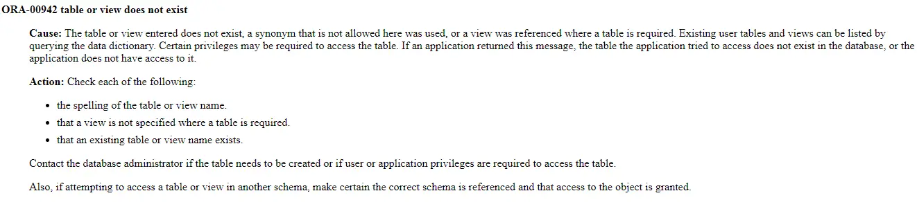 ORA-00942 table or view does not exist
