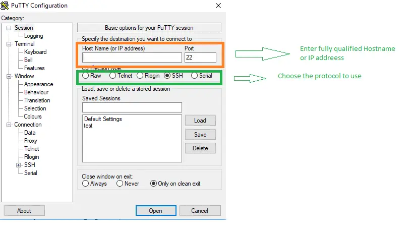 open ssh session with putty