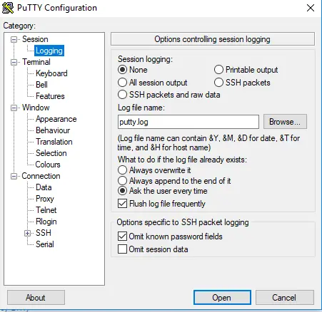 logging option in Putty Client