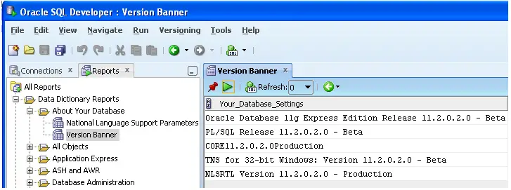 how to check oracle database version in sql developer